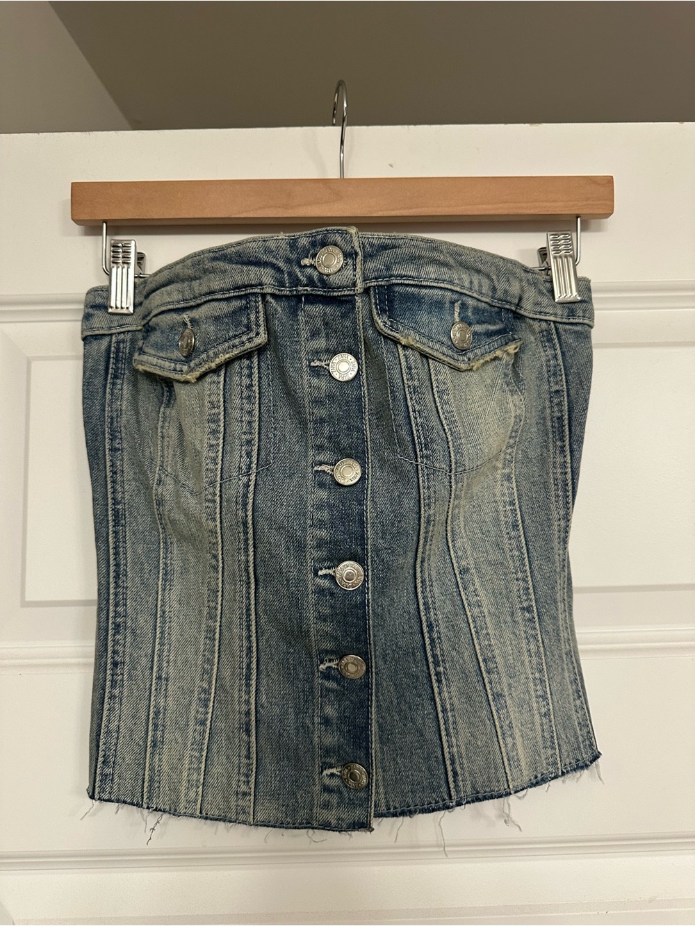 Zara Denim Button-Front Strapless Top - Blue